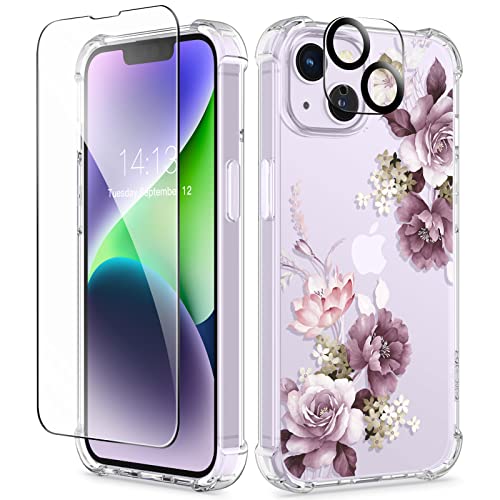 Gviewin Compatible With Iphone 14 Case 6.1 Inch 2022, With Tempered Glass Screen Protector+Camera Lens Protector, Flower Clear Tpu Slim Bumper Shockproof Protective Soft Cover,Cherry Blossoms/Purple #TOP22