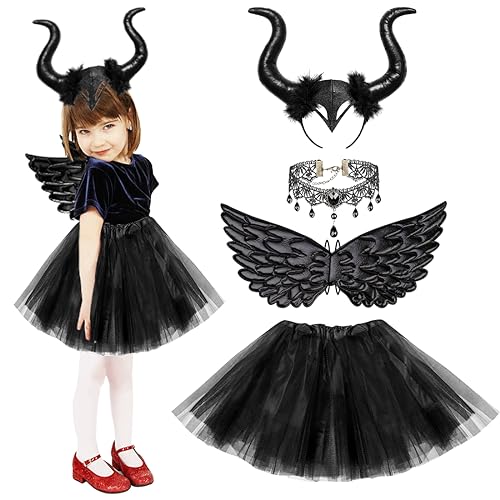 Meleager Disfraz Diablesa Niña, Disfraz Demonio Niño, 4 Piezas Negro Diablesa Halloween Niña con alas de Diablo Negras, Falda, Diadema de Cuerno Negro, Cuello de Encaje Vintage