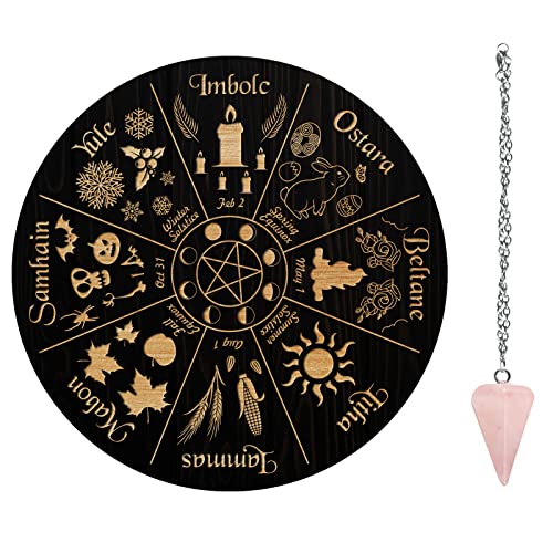 AHANDMAKER Planche à Pendule Roue de L'Année, 7.8" panneau de Métaphysique de Divination de Radiesthésie en Bois Sculpté avec Collier de Pendule en Cristal Divination pour Sorcellerie Wiccan Autel Kit