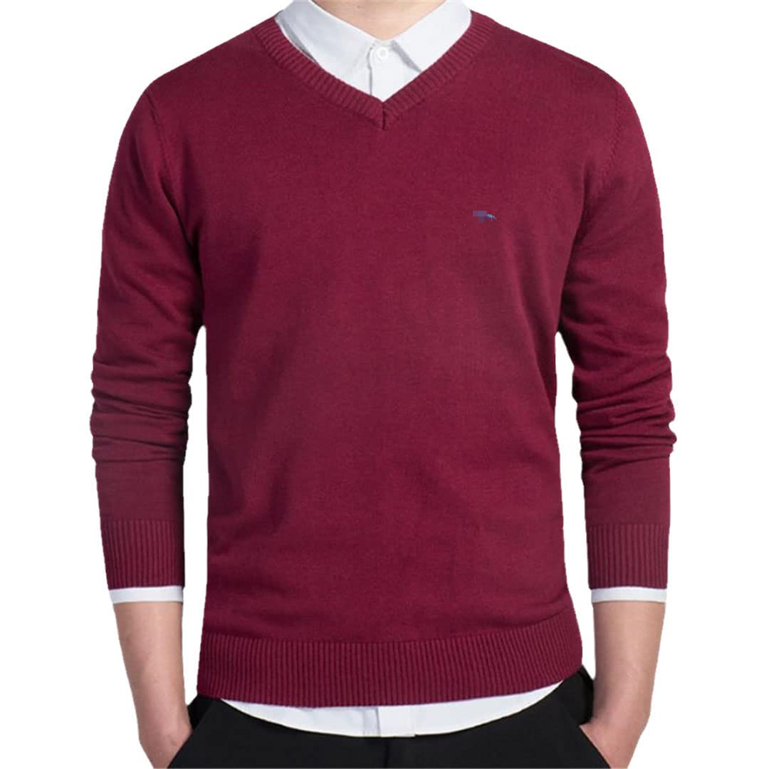 Inverno Uomini Casual Scollo A V Solido Mantenere Caldo Maglione Manica Lunga Maglioni, Rosso, L