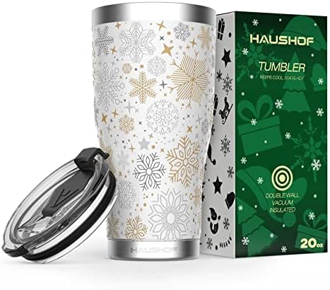 HAUSHOF 20oz Christmas Tumbler, Stainless Steel and Double Wall Insulated Travel Coffee Mug with Lid, Good Choice for Christsmas Gifts-White with Snowflakes