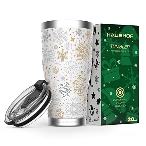 Haushof 20Oz Christmas Tumbler, Stainless Steel And Double Wall Insulated Travel Coffee Mug With Lid, Good Choice For Christsmas Gifts-White With Snowflakes #TOP16