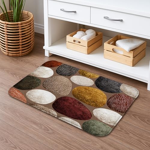 Textured Oval Stone Bath Mat, Earthy Color Palette Soft Non-Slip