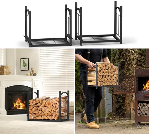 HFHOME Kaminholzregal Innen Brennholzregal Außen 2-in-1, Kaminholzständer für Kaminholz Aufbewahrung, Feuerholzregal 78 x 46 x 32 cm mit Kaminofen Zubehör Schaufel Besen Zange Schürhaken