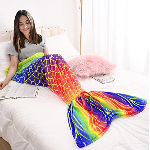 B Benron Mermaid Tail Blanket For Teen Girls Adults, Cozy Rainbow Mermaid Blanket For Women, Ideal Chrismas Birthday Gifts, Oversized Sofa Bed Couch Blankets Throw With Foot Pocket #TOP1