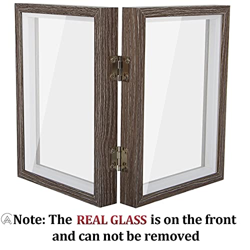Aevete 5X7 Double Picture Frames Hinged Wood Folding Picture Frames Vertically Display, Real Glass Front, Gray #TOP6