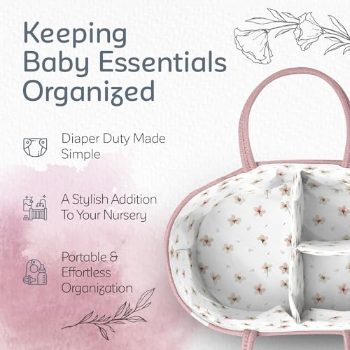 KiddyCare Diaper Caddy Organizer for Baby Nursery Basket with Handle Lid Nursing Caddy with Changing Table Organizer Cart Newborn Caddy Rosy (Floral Print) X-Large - View 4