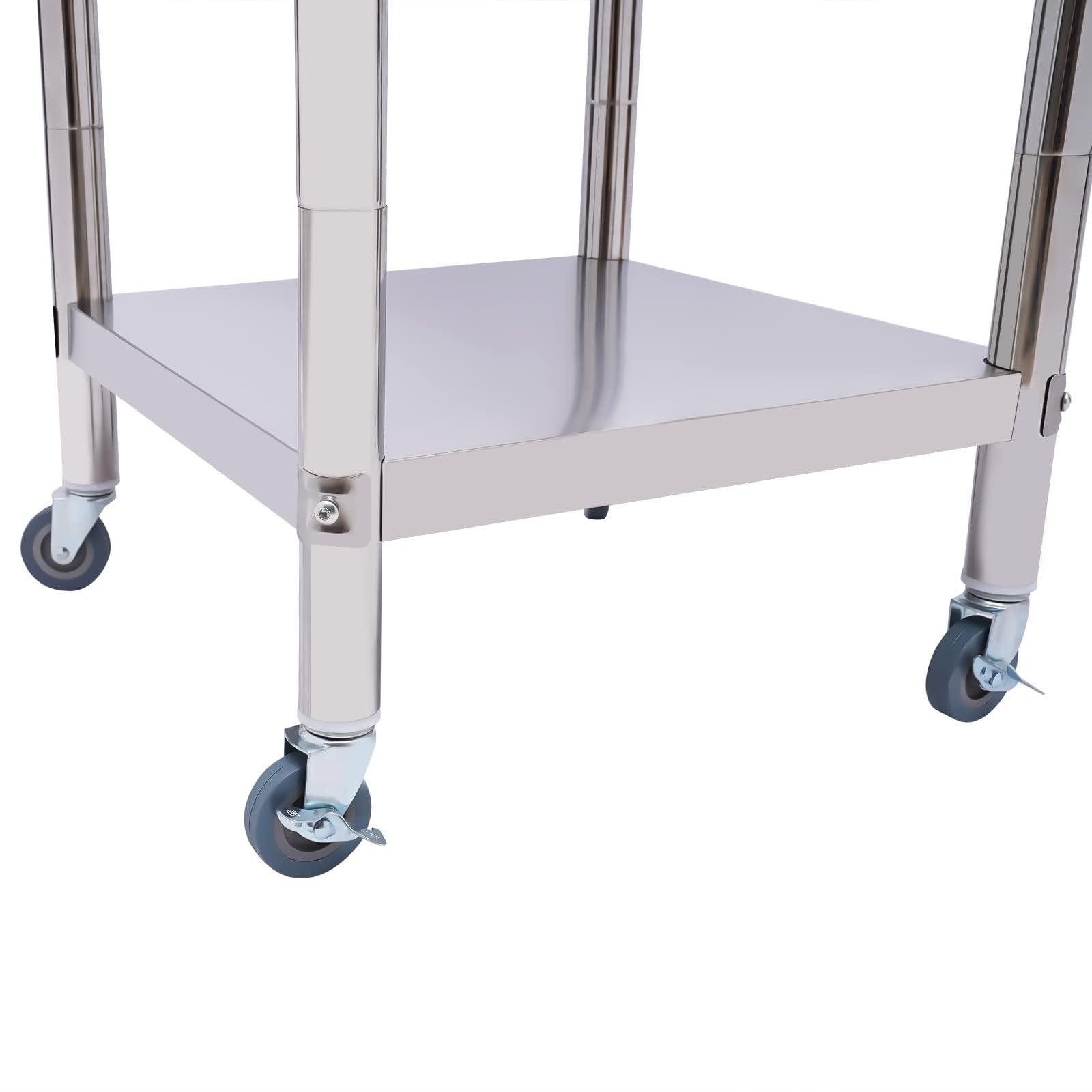 Mesa de trabajo de 2 niveles, 60 x 60 cm, de acero inoxidable, con ruedas, mesa de trabajo, cocina, cocina, bar, restaurante