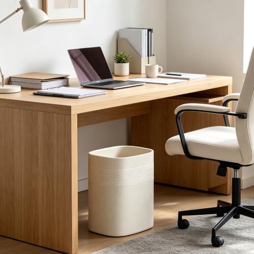 Image of Polytree Beige Stone-Look Small Bathroom Trash Can, Simple Oval Stone Look Garbage Bin, Resin Decorative Waste Basket for Kitchen Office, Home Decor, Bedroom, Living Room