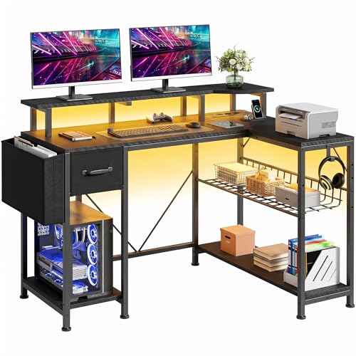 YITAHOME Gaming Tisch mit Steckdosen & LED-Lichter, L Form Computer Schreibtisch mit Monitorständer, Eckschreibtisch mit Schubladen & Regalen, Computertisch für Home Office, 120 x 50 x 92 cm, Schwarz
