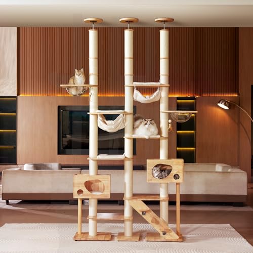 Image of Wood Cat Tree for Indoor Cats, Modern Cat Tower, Unique Cat Condo with House, Tall Luxury Furniture with Heavy Duty Wide Base, Kraft Paper Rope Scratching Post, Removable Cushion (96.5-118.1 inch)