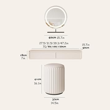 Wall-mounted Vanity Desk, Makeup Vanity Table with Upholstered Stool, 2 Drawers, Dressing Table with Round Mirror, Three-color Dimmable, Modern Vanity Dresser Set(70cm/27.5in)