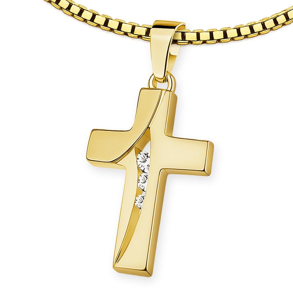 CLEVER SCHMUCK Zestaw złotych wisiorków Jezus krzyż 21 mm, szerokie paski, proste i błyszczące złoto 333 8-karatowe z pozłacanym łańcuszkiem weneckim 42 cm