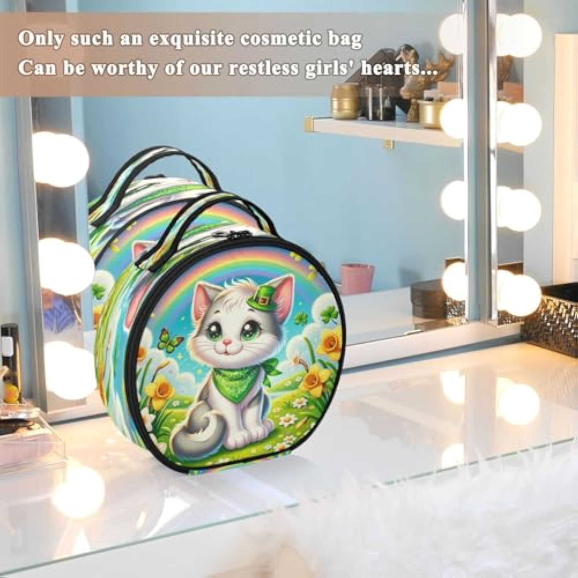 Cat in St Patrick's Hat Travel Makeup Case, Portable Organizer