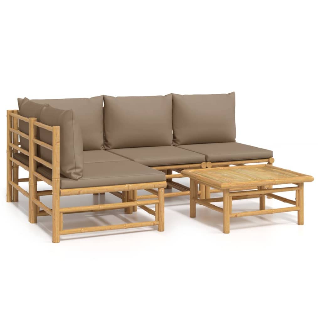 Outdoor Lounge meble ogrodowe na zewnątrz balkon stół i krzesła 5-częściowy zestaw wypoczynkowy ogrodowy z poduszkami, kolor taupe bambus