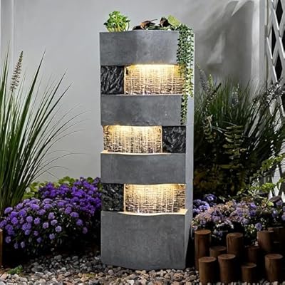 Sunlinua 40.5" H Modern Outdoor Water Fountain with LED Lights – Tall Garden Waterfall Fountain for Patio, Yard, Landscape or Indoor Decor, 4 Tiers Floor Standing Waterfall Outdoor Fountains