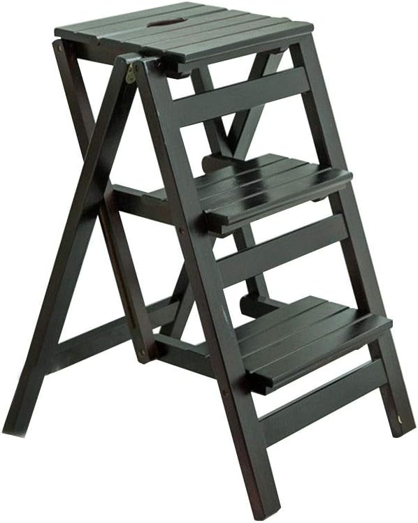 Step Stool Folding Flower Stand, Three-Step Ladder Bedroom Bookshelf Wood Stool Comfortable Footstool Natural Household Ladder/Black/42 X 55 X 66Cm
