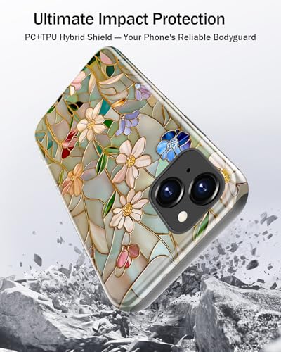 Image of Goodon for iPhone 14 Case /iPhone 13 Case Cute,Aesthetic Vintage Mosaic Stained Glass Shell Design,Floral Pattern,MagSafe Compatible,Preppy Trendy Y2K Protective Silicone Phone Cover for Women Girls | Dual-Layer Hard Shell + Silicone, Slim Fit Protective Phone Cover with Wildflower Designs for Women Girls