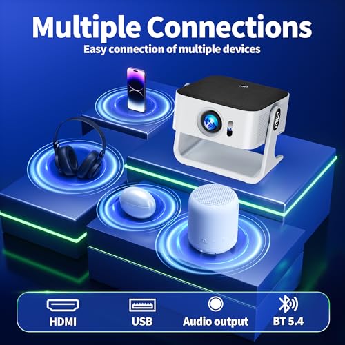 Image of [Compatible with Netflix & Support 4K] 1080P HD Mini Projector Dual Band WiFi6 5G and BT 5.4 Auto Focus & Obstacle Avoidance Portable Outdoor Projector, 270 Adjustable Stand for Home Movie - White