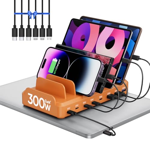 Image of 300W Charging Station for Multiple Devices, 8 Port Multi USB C Fast Charger Station Dock for MacBook iPhone 16 /15 /14 /13 /12 Samsung Pixel Series iPad, Orange (6 Mixed Short Cables Included)