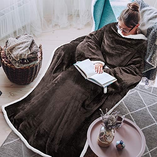 Catalonia Classy Platinum Blanket with Sleeves, Dual Micro plush Fleece Sherpa Warm Blankets for Adult Women Men 185 x 140 cm, Grey