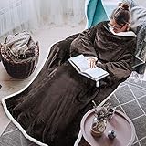 Tirrinia Sherpa Wearable Blanket for Adult Women and Men, Super Soft Comfy Warm Plush Throw with Sleeves TV Blanket Wrap Robe Cover for Sofa, Couch 72' x 55' Brown