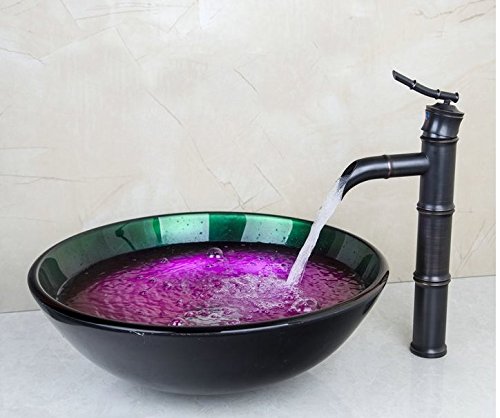 Toilettes lavabo verre et mitigeur laiton noir mat style bambou