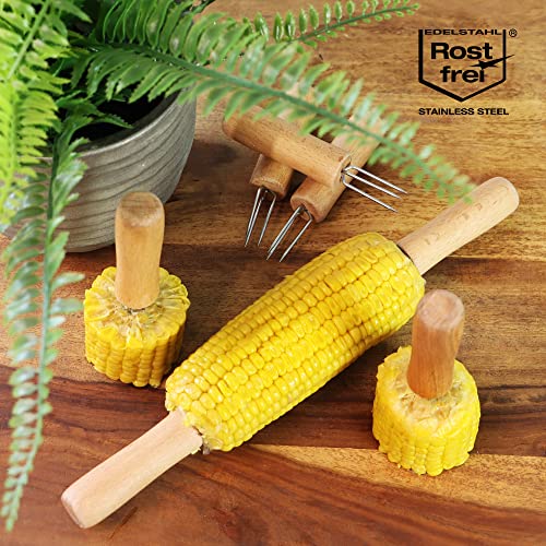 Miniatura 2 de Com-Four Tenedor Para Maíz 8x Con 3 Dientes De Acero Inoxidable, Resistente A La Oxidación - Brochetas De Maíz Reutilizables - Ayuda Para Pelar Patatas Asadas 08 Piezas - Madera