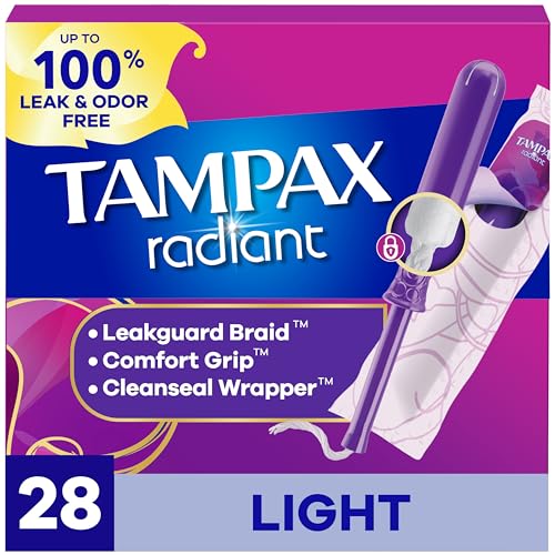 Tampax Radiant Tampons Light Absorbency with BPA-Free Plastic Applicator and LeakGuard Braid, Unscented, 28 Count, Packaging May Vary