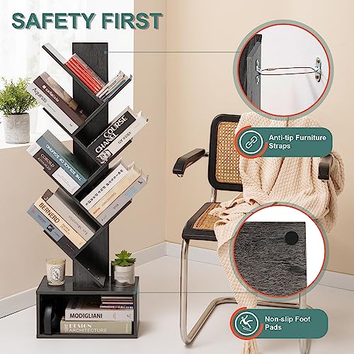 Yoobure Tree Bookshelf - 6 Shelf Retro Floor Standing Bookcase, Tall Wood Book Storage Rack for CDs/Movies, Utility Book Organizer Shelves for Bedroom, Living Room, Home Office, Dark Grey