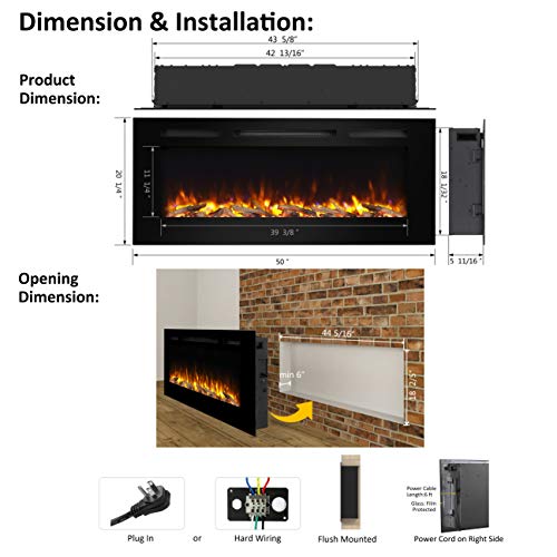 PuraFlame Alice 50 Inches Recessed Electric Fireplace, Wall Mounted for 2 X 6 Stud, Log Set & Crystal, 1500W Heater, Black - Thumbnail 5