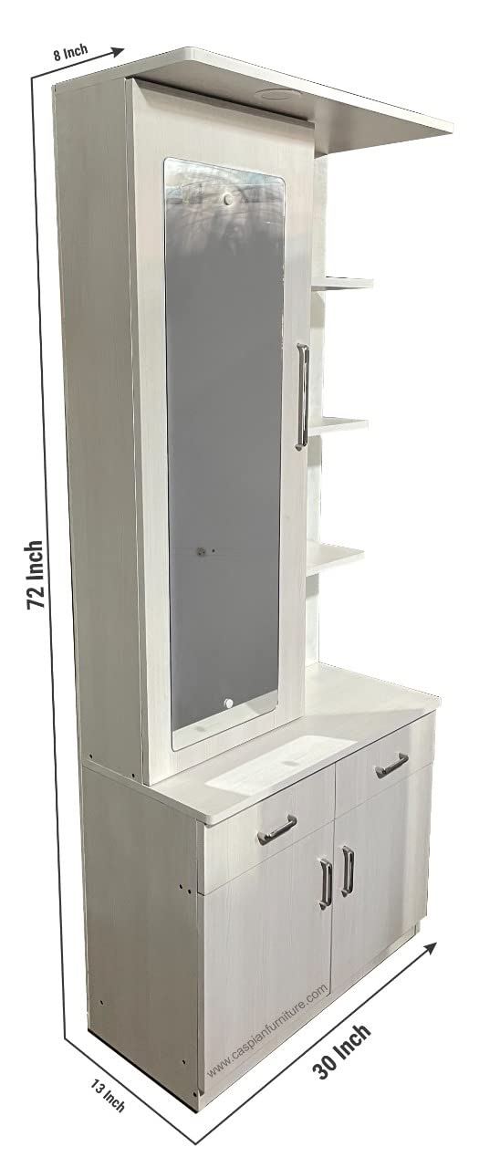 CASPIAN Engineered Wood Single Door Vanity Dressing Table (White) | Pre-Assembled Furniture with Mirror & LED Light | Makeup & Accessories Organizer with 4 Shelves & 2 Drawers 3