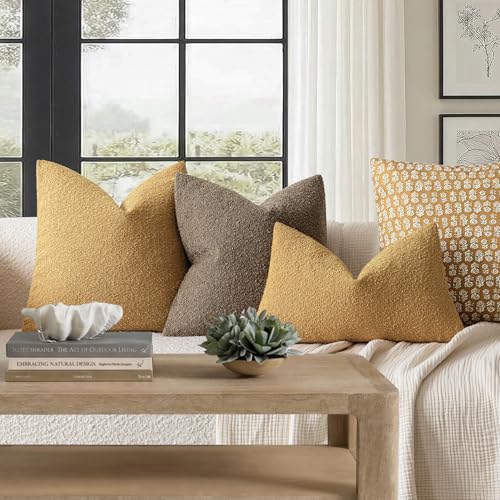 Image of Foindtower Set of 2, Decorative Textured Boucle Throw Pillow Covers Accent Solid Pillow Cases Neutral Cozy Couch Cushion Case for Chair Sofa Bedroom Living Room Home Decor 24x24 Inch Sunflower