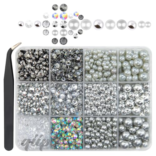 qiipii Silver 3mm-8mm Flatback Pearls and Rhinestones for Bedazzling Crafting Half Pearls Resin Stones Diamonds Gems Crystals Bedazzler Kit for Nails Face Eyes Makeup Tumblers Bottles DIY Crafts Shoes