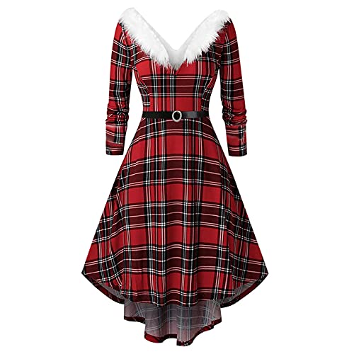 Weihnachtskleid Damen Elegant - Kleid Weihnachten Cocktailkleid Weihnachts Kleider Damen mit Pelzkragen V Ausschnitt A Linie Rot Karierte Abendkleider...