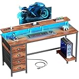 Furologee 55 Inch Computer Desk Gaming with 4 Fabric Drawers with Power Outlets and LED Lights for Home Office with Full Monitor Stand and Shelf Study Table for Small Spaces Rustic Brown