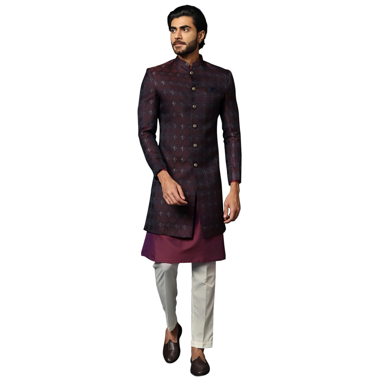 Men's Maroon Indo-Western Kurta Sherwani Trousers Set Cotton Full Sleaves, Knee Length, Straight, Regular Fit, Mandarin Collar Ethnic wear, 36-image-28