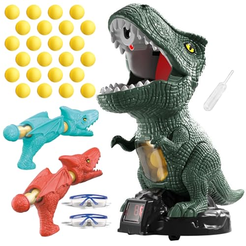 Falafoty Dinosaur Shooting Toys for Boys Girls Movable Target Shooting Game 2 Air Pump Launchers 24 Foam Balls with LED Score Spray Effect & Sound Competition Game Christmas/Birthday Gift for Kids
