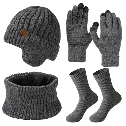 Image of wokdsbl 4Pcs Mens Hat Scarf Gloves Set with Socks Grey – Fleece Lining Knitted Beanie Hat, Neck Warmer, Thermal Touch Screen Gloves and Soft Socks, Mens Gift Set for Everyday Wear and Xmas Presents