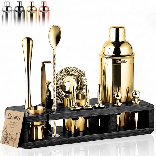 Barillio Gold Bartender Kit - Stainless-Steel Cocktail Shaker Set w/Black Bamboo Stand…