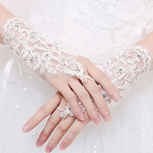 Carufin Gants de Mariage en Dentelle Courts Sans Doigts - Fleurs en Cristal pour Bal de Mariée -...