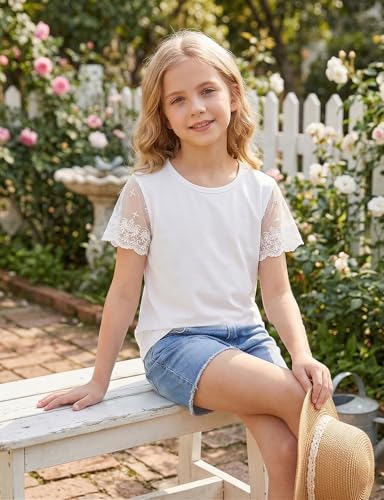 Image of Noomelfish Girls Lace Short Sleeve T-Shirts Kids Summer Cute Tops Blouse(5-12 Years)