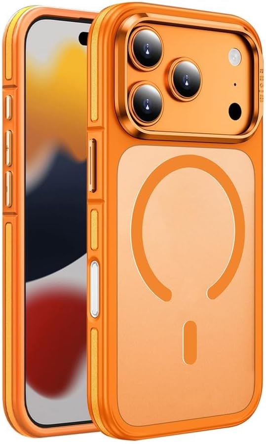 Magnetic Case for iPhone 17 Pro/17 Pro Max, with Metal Frame Camera Protection Cover Slim Translucent Frosted Non Slip Phone Case(Orange,17 Pro)