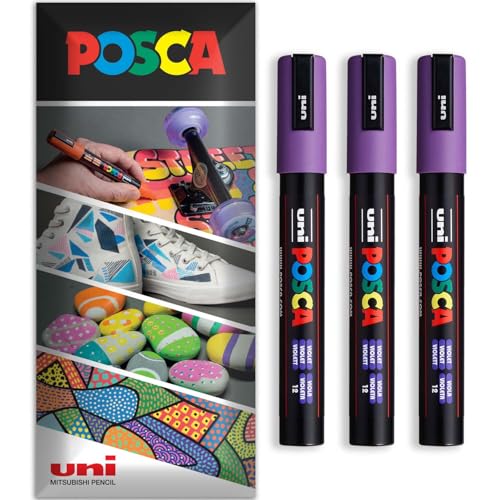 Posca - Pennarello indelebile a base d'acqua – uso multi superficie – PC-5M – Confezione da 3 penne a portafoglio (Viola)