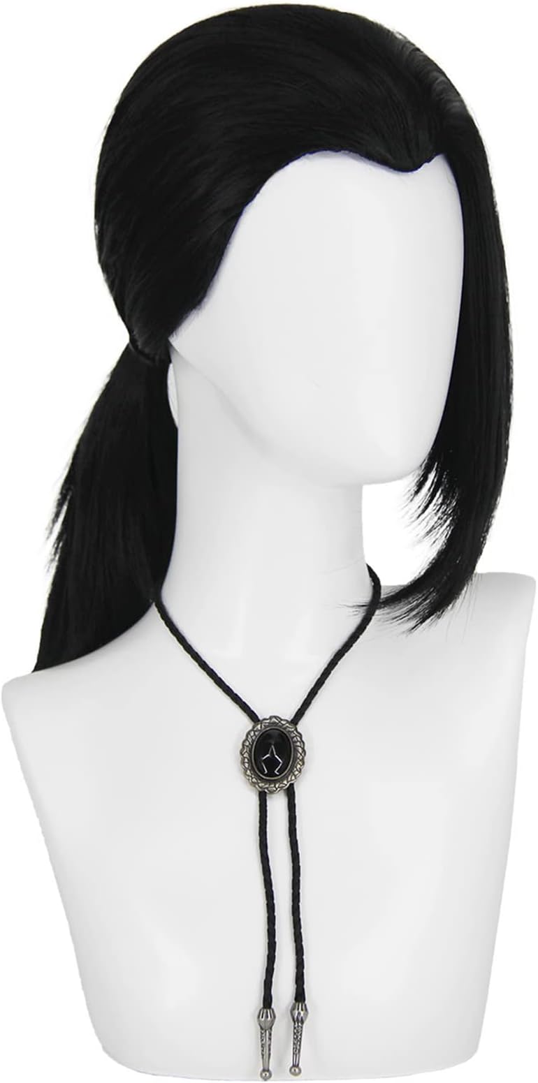 CJK Pulp Fiction Vincent Vega Costume Wig Black Ponytail Wig with Bolo Tie for Vampire Hitman Costume Accessories for Halloween Party CJ009BK