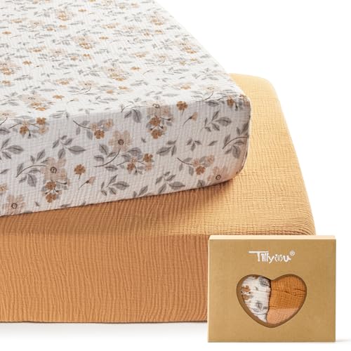 Image of TILLYOU 2 Pack Muslin Crib Sheets for Boys and Girls, 100% Cotton Fitted Crib Sheet for Toddler 52"x28" Standard Crib Mattress, Yellow Flower