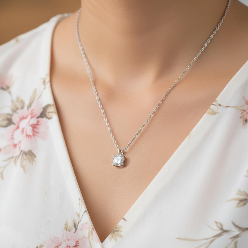 Jewelili 10K Yellow or White Gold Princess Cut Cubic Zirconia Solitaire Pendant Necklace for Women | 1.0, 1.5, or 2.0 Carat | 18 Inch Rope Chain | Gift Box Included