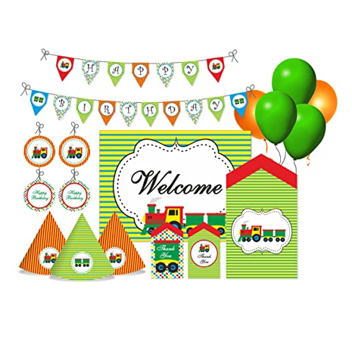 Image of PRETTY UR PARTY Train Party decorations Kit - 80 pcs includes Bunting, balloons, thank you, centerpiece, danglers, Caps, Party Supplies, Train Birthday Decor, DIY decor Pack for kids