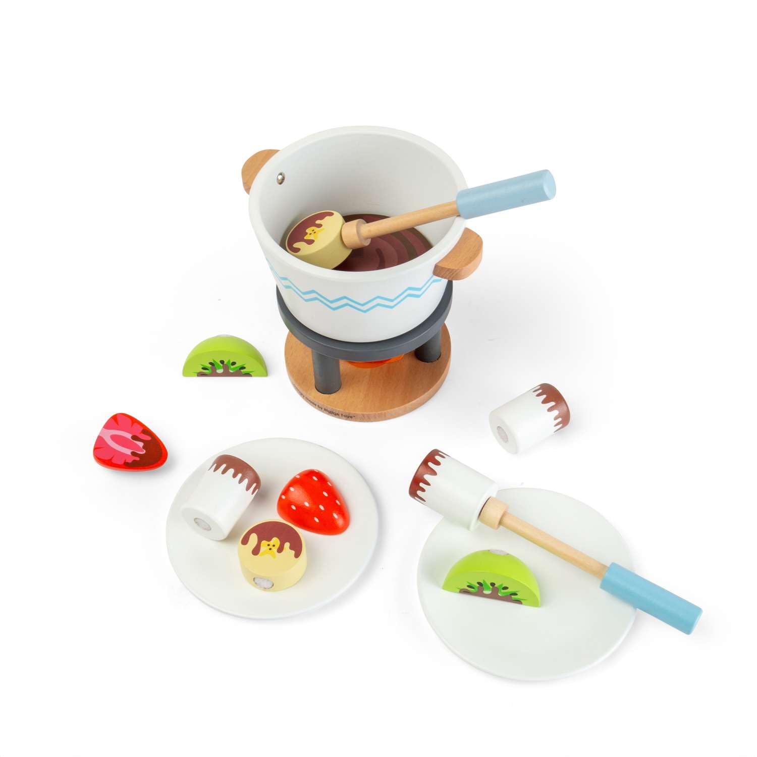 Bigjigs Toys Garnek na czekoladę dla dwojga, drewniany zestaw jedzenia do zabawy, Montessori, zabawka kuchenna, do odgrywania ról, 16 szt. zestawów z drewnem i rzepem, udawaj owoce i czekoladę