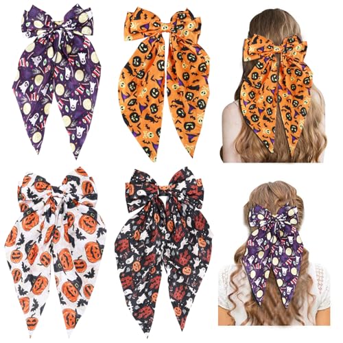 Halloween Silky Satin Hair Bows for Women Big Ribbon Bow Hair Clips for Girls Oversized Long Tail Hair Barrettes Cute Hair Accessories (Halloween purple)